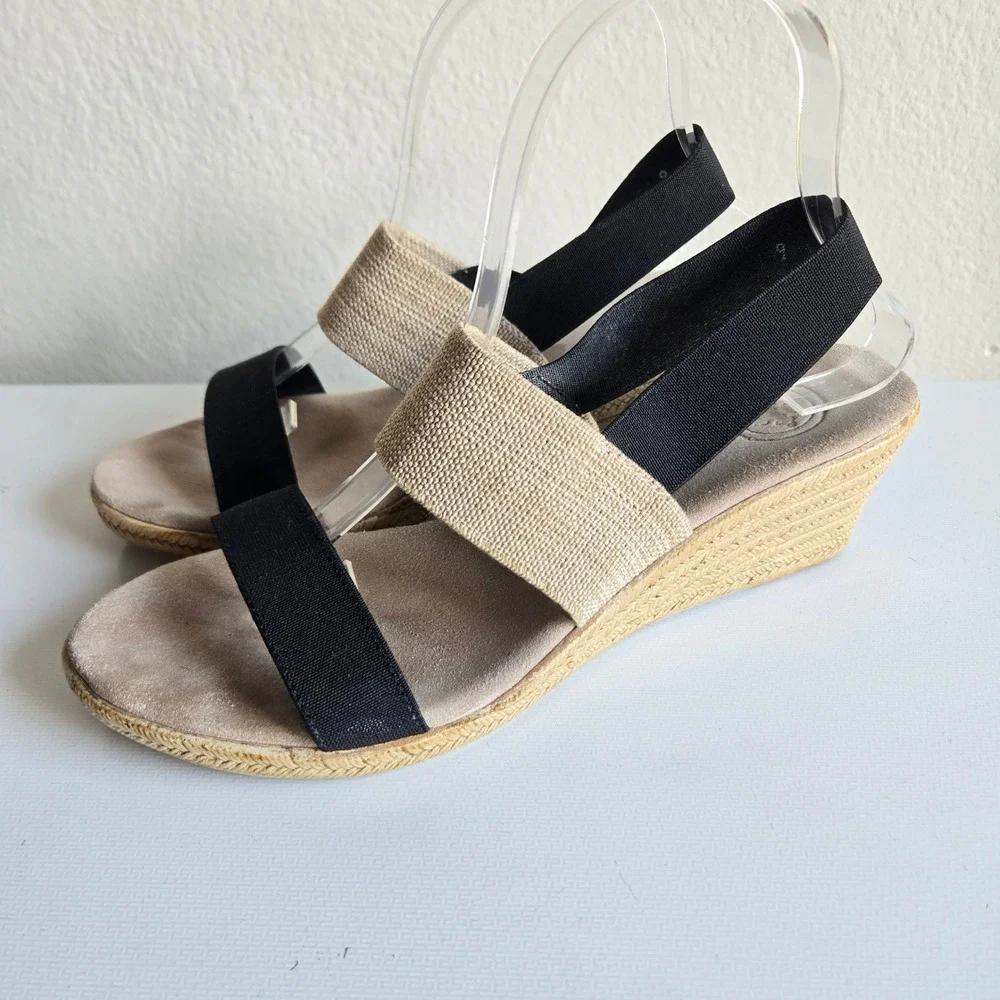 Charleston Shoe Co Womens Black Beige Elastic Strap Espadrille Wedge Sandals 9